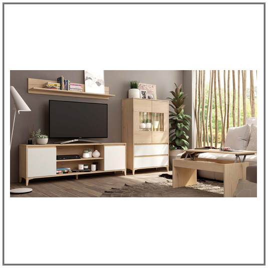 Mueble salón Milano con vitrina baja y módulo TV en color Roble combinado con Soul Blanco