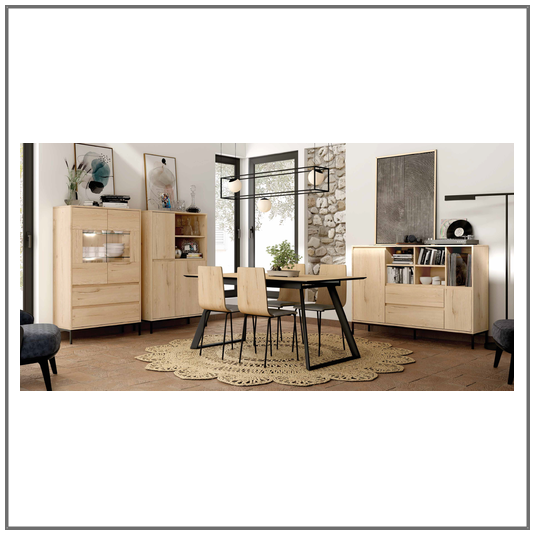 Mueble salón Milano con aparador, vitirna Baja, librero y mesa salón con sillas
